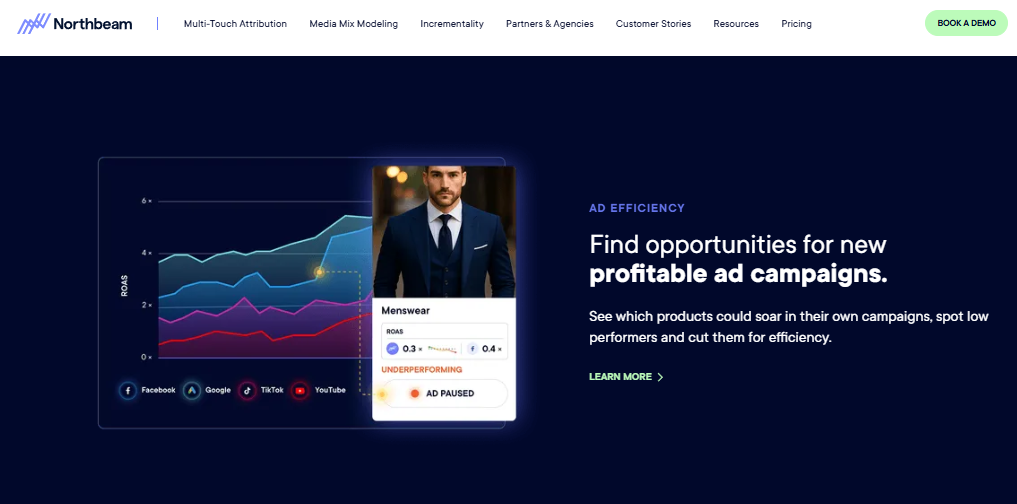 Northbeam ad efficiency view showing ROAS trends by channel and a paused underperforming menswear ad