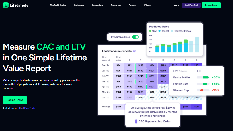 Lifetimely LTV cohort report with CAC payback, predicted sales, and product lifetime value