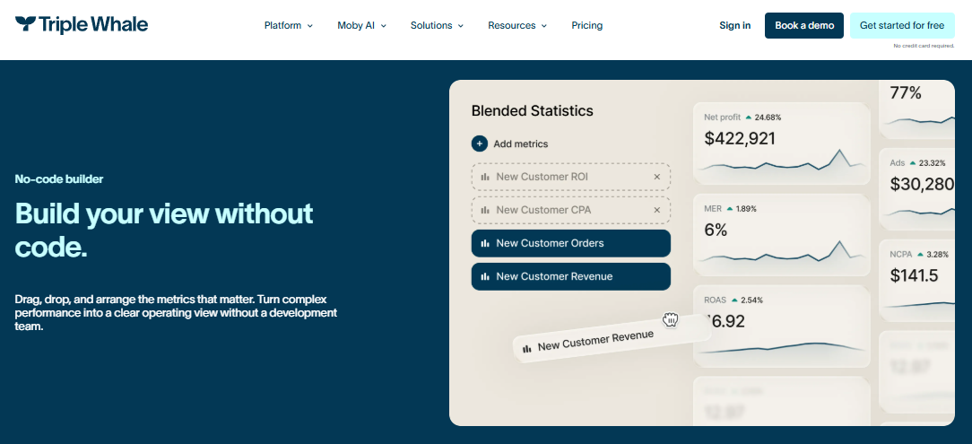 Triple Whale custom dashboard builder for blended ecommerce cohort and marketing metrics