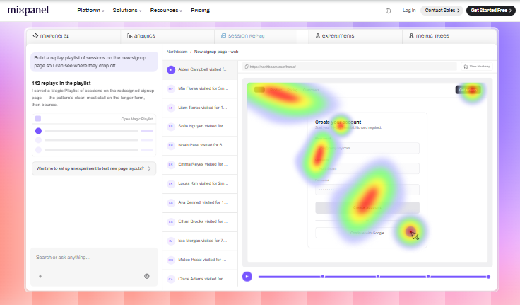 Mixpanel session replay and heatmap interface for user behavior and retention analysis