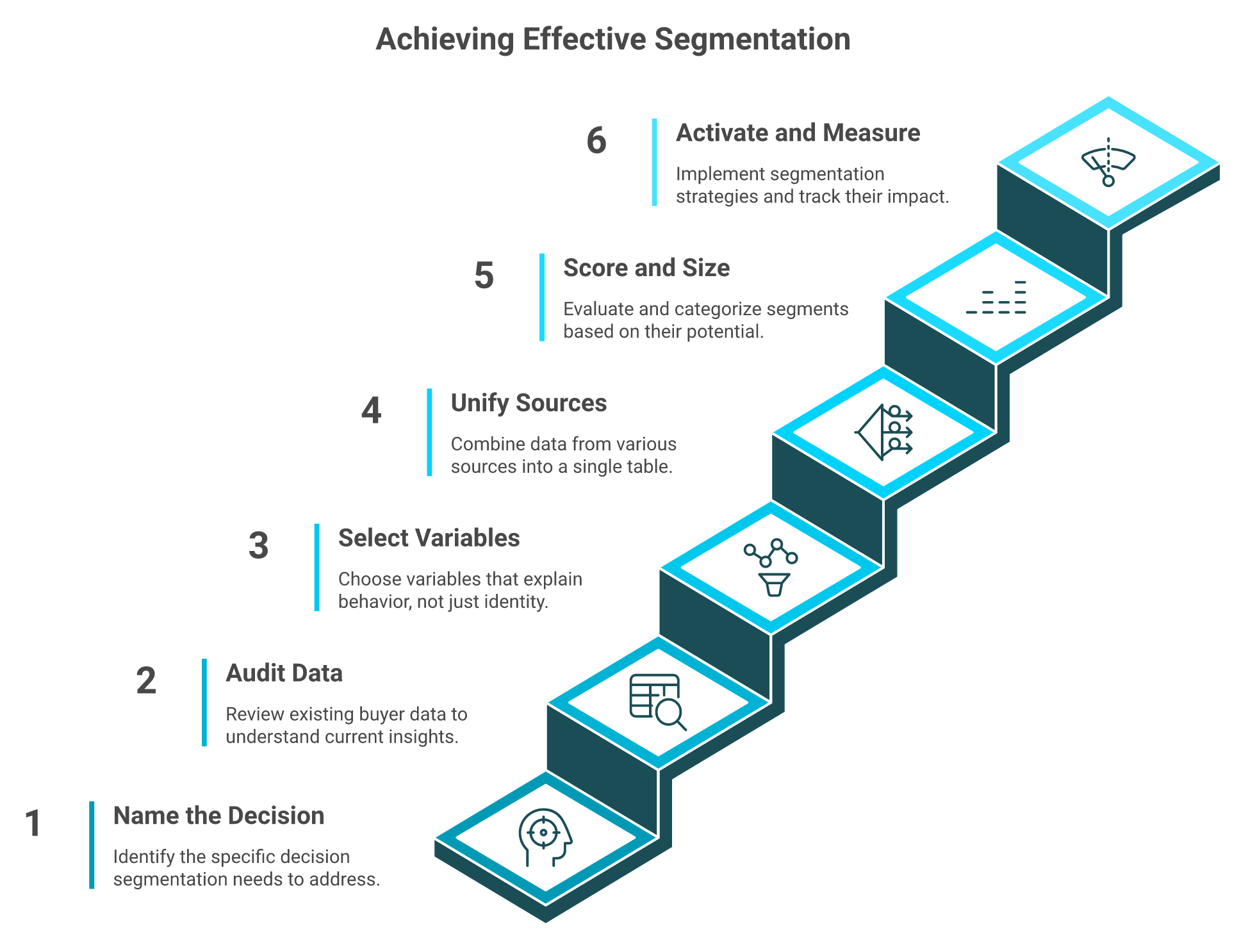 Six ascending steps for conducting a segmentation analysis, with five viability criteria listed alongside