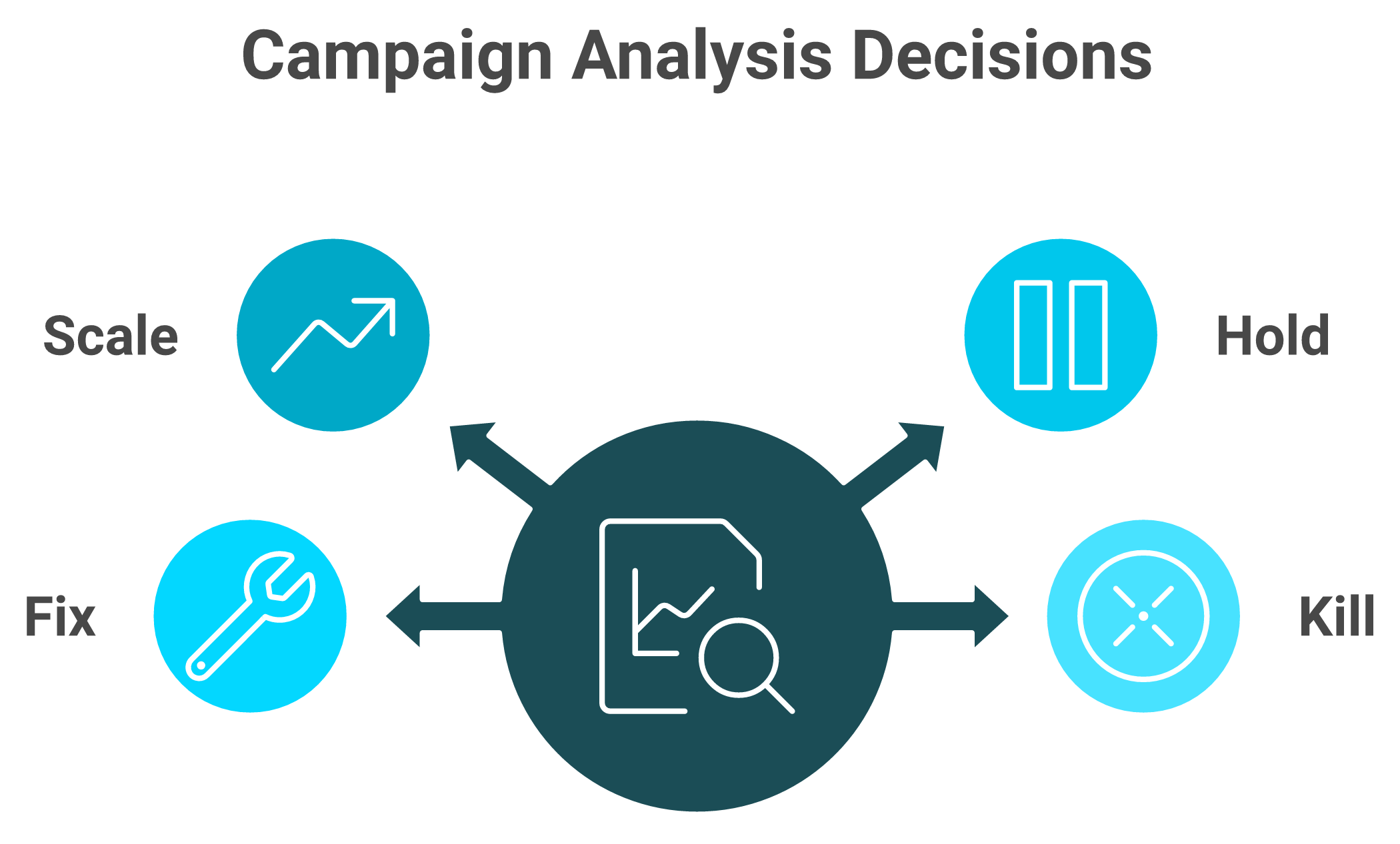 Radial diagram showing the four valid outputs of a campaign analysis: scale, hold, fix, kill.