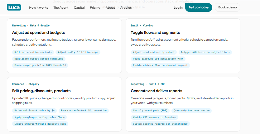 Luca AI agent capabilities for Meta, Google, Klaviyo, and Shopify actions plus automated reports, a Conjura alternative