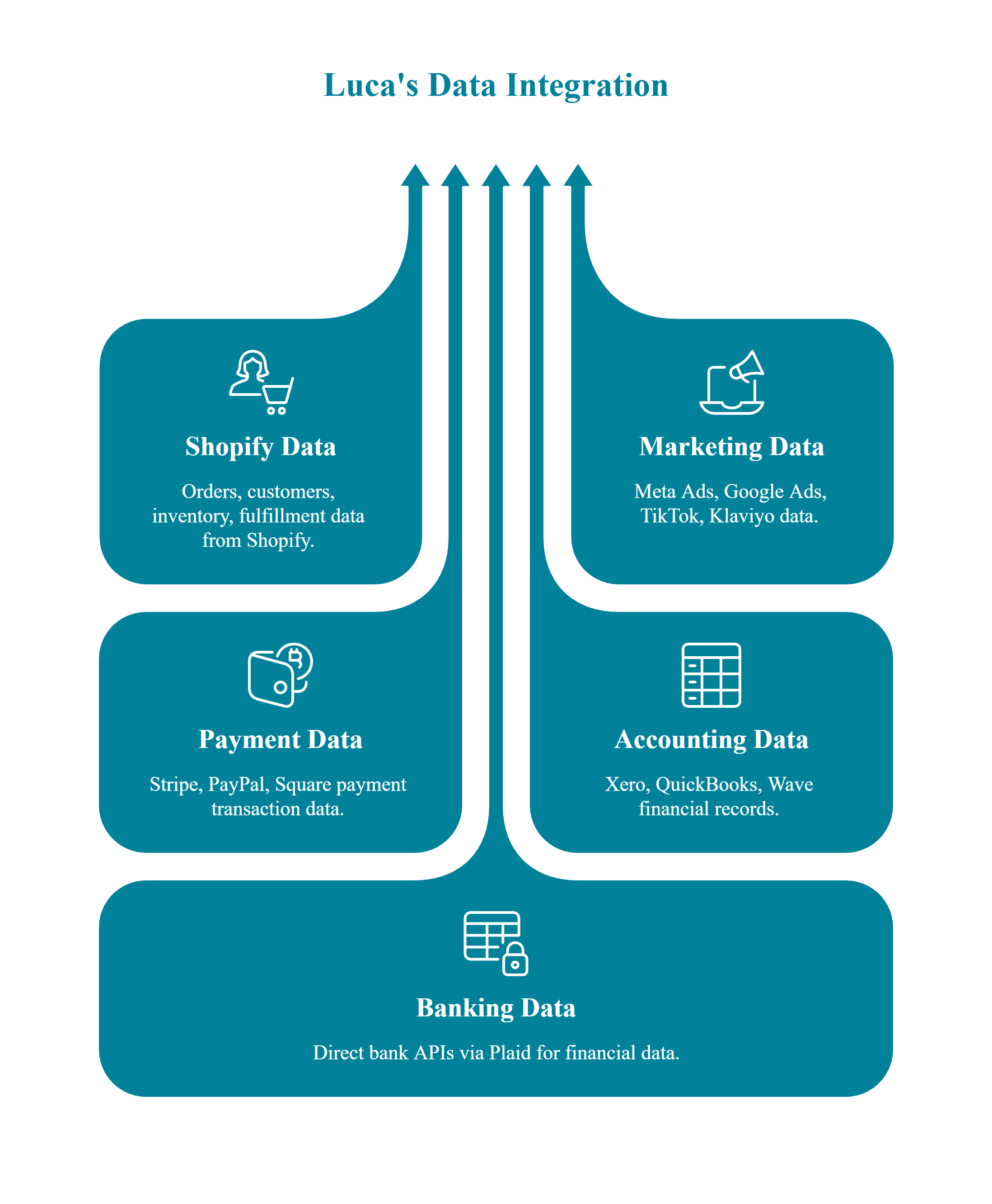 Luca AI data integration diagram connecting Shopify, marketing, payment, accounting, and banking sources 