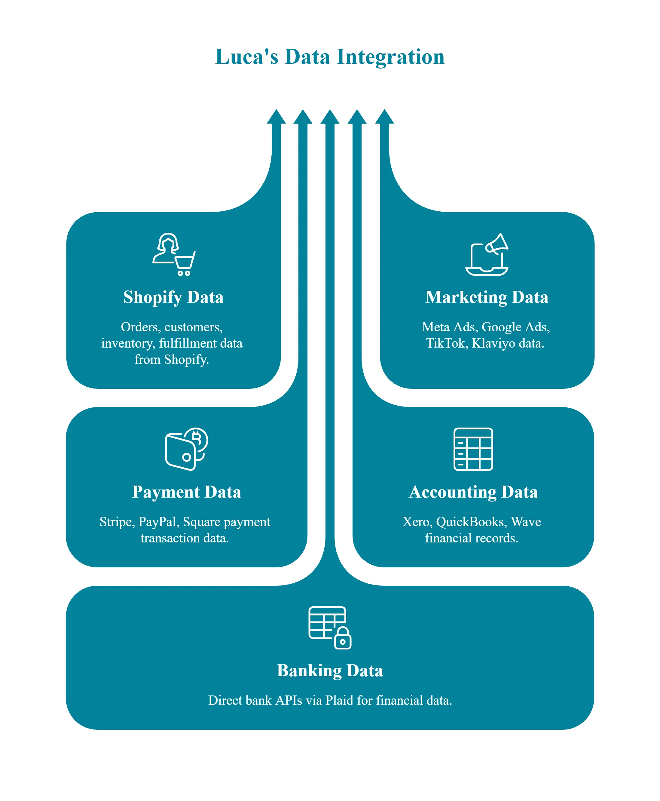 Luca AI data integration diagram connecting Shopify, marketing, payment, accounting, and banking sources 