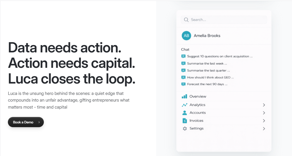 Luca AI e-commerce Co-Founder platform combining data analytics chat interface with capital access for Shopify founders