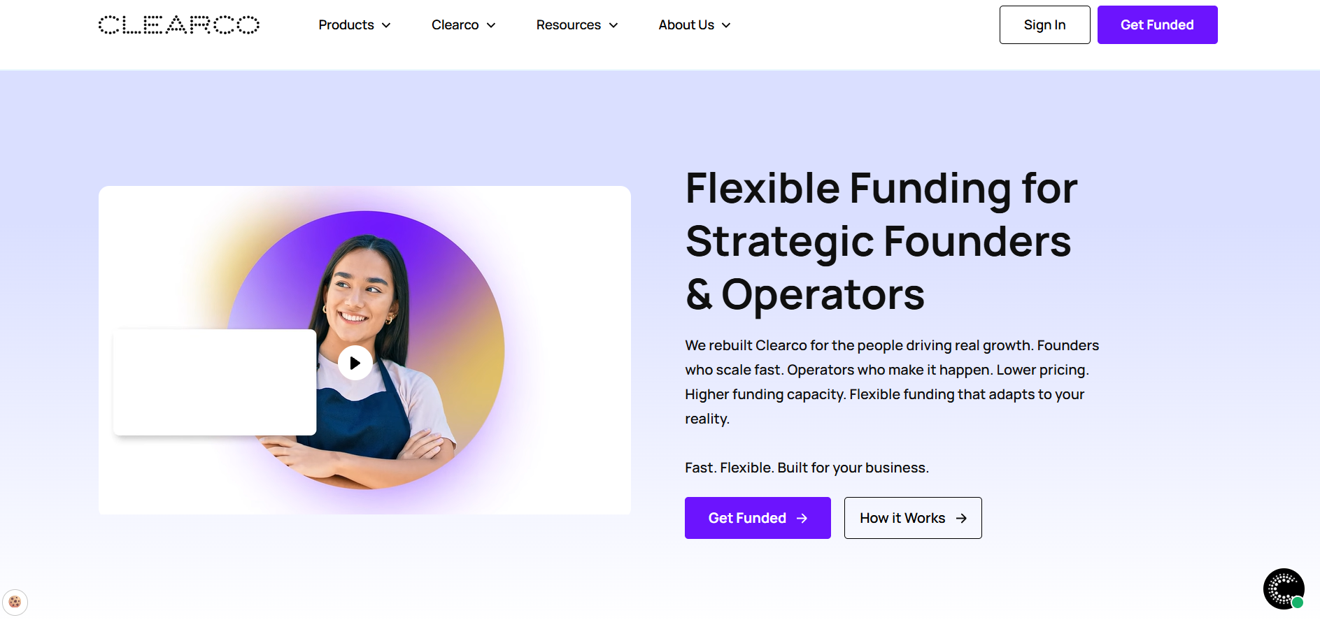 Clearco flexible funding platform homepage for e-commerce founders and operators with non-dilutive capital options