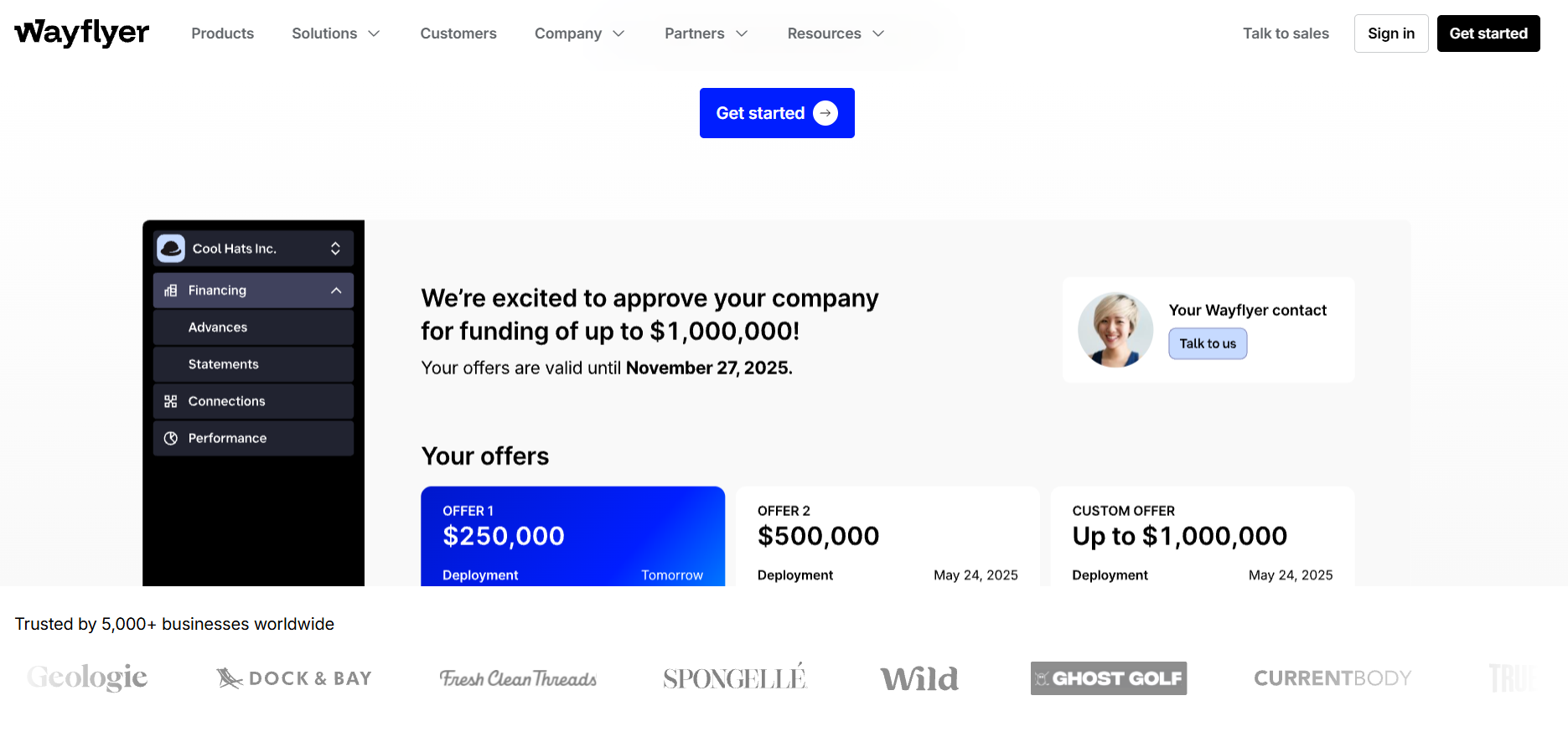 Wayflyer dashboard displaying $250K to $1M funding offers for e-commerce businesses worldwide