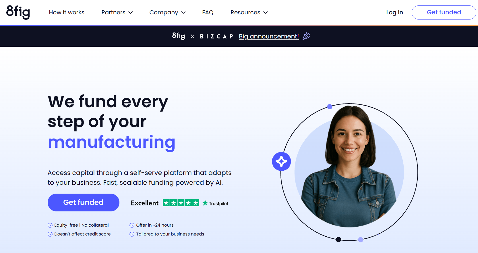 8fig supply chain funding platform homepage offering equity-free capital powered by AI for e-commerce sellers