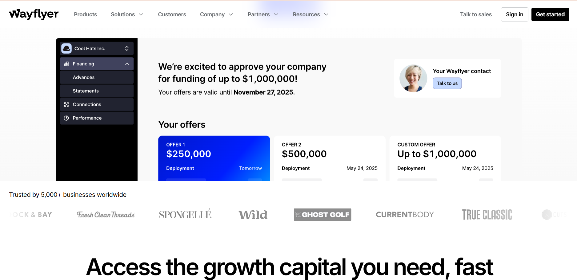 Wayflyer e-commerce financing dashboard showing funding offers up to $1M with fast capital deployment for Shopify brands