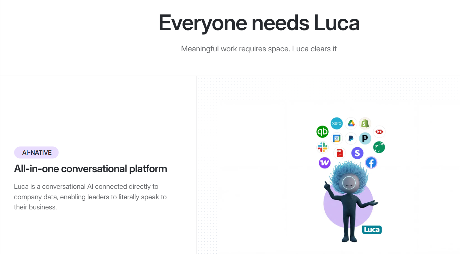 Luca AI conversational platform connecting Xero, Shopify, QuickBooks, and 20+ e-commerce data sources
