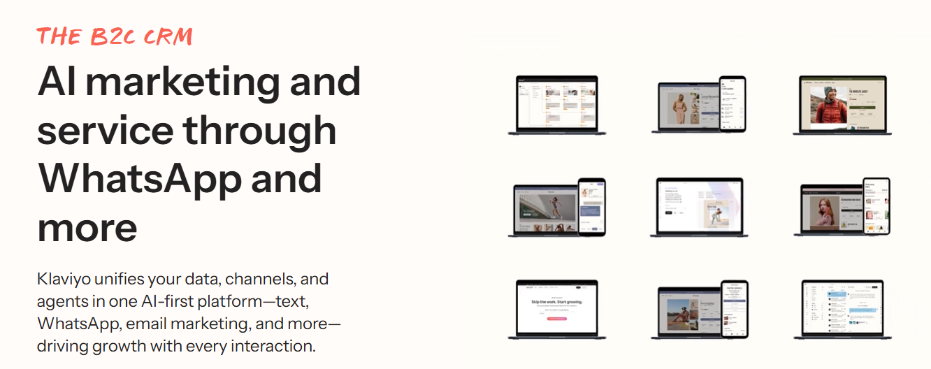 Klaviyo B2C CRM platform for AI-driven email, SMS, and WhatsApp marketing automation for e-commerce brands