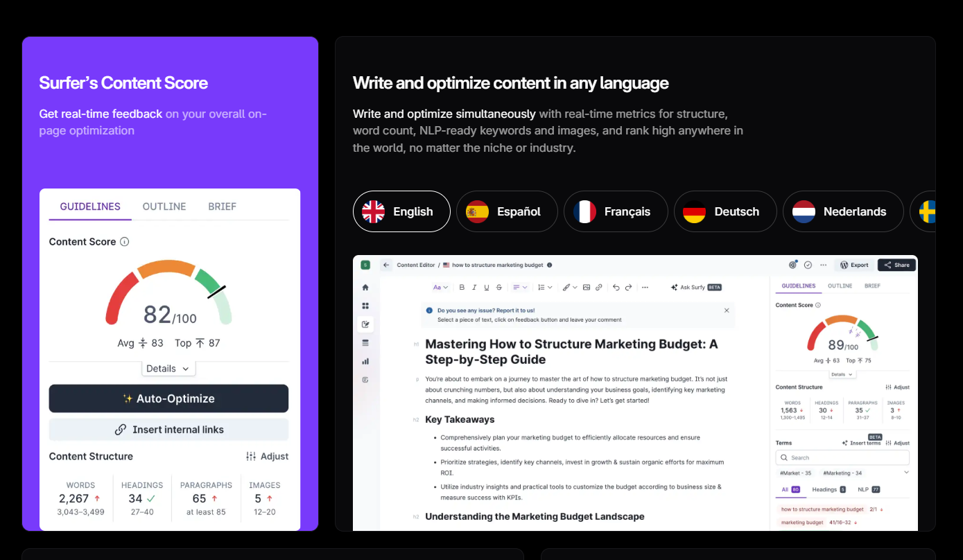 Surfer SEO content editor with real-time optimization scoring and multilingual support for e-commerce content
