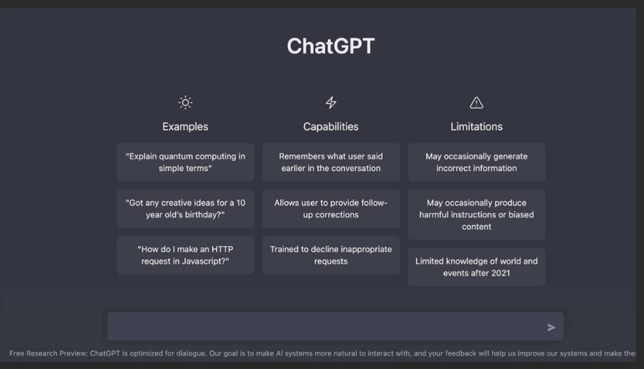 ChatGPT conversational AI interface displaying examples, capabilities, and limitations for general-purpose e-commerce tasks
