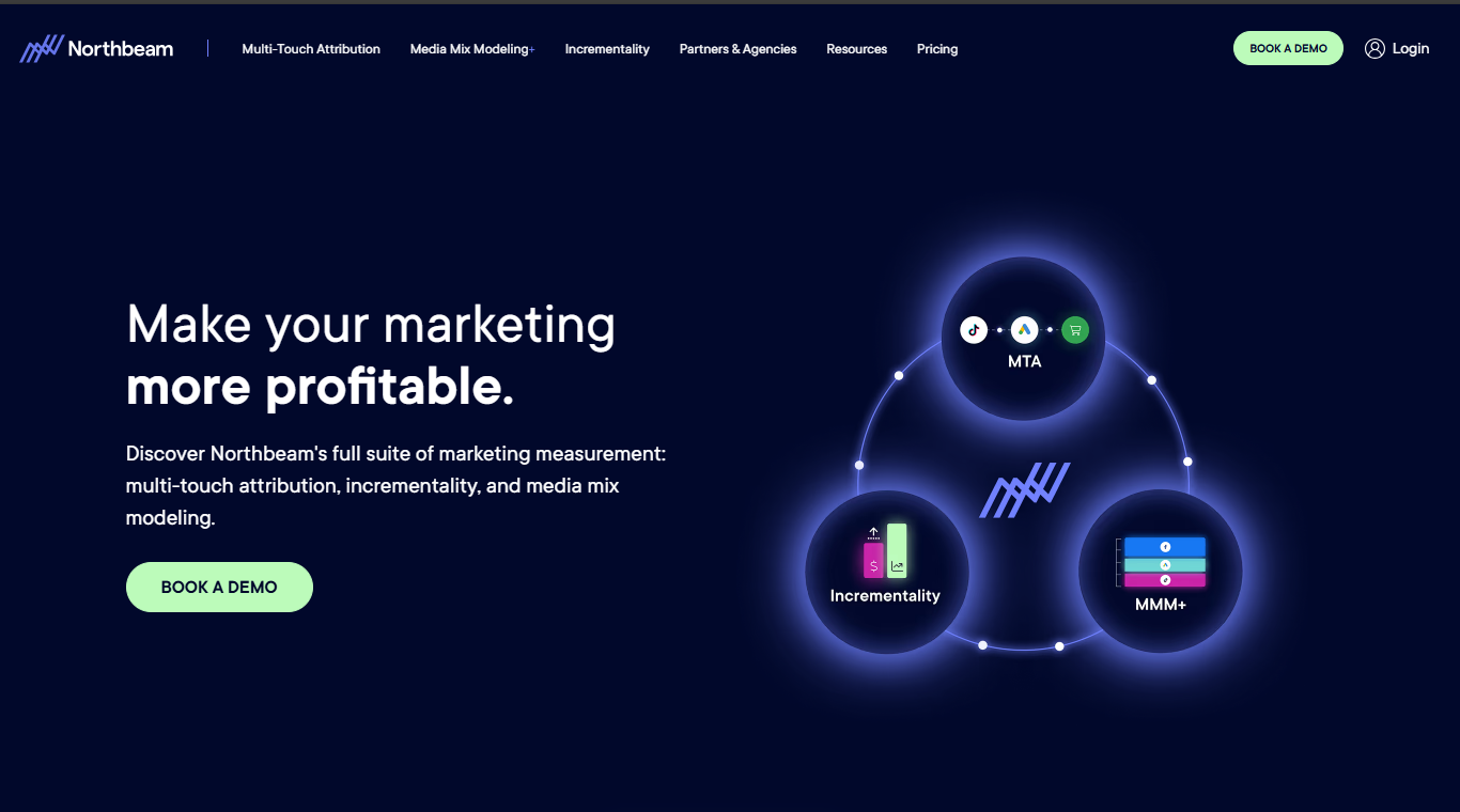 Northbeam homepage featuring multi-touch attribution, incrementality, and media mix modeling for enterprise brands