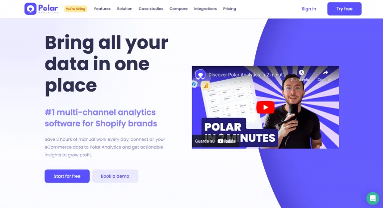  Polar Analytics homepage promoting multi-channel Shopify analytics with unified data consolidation