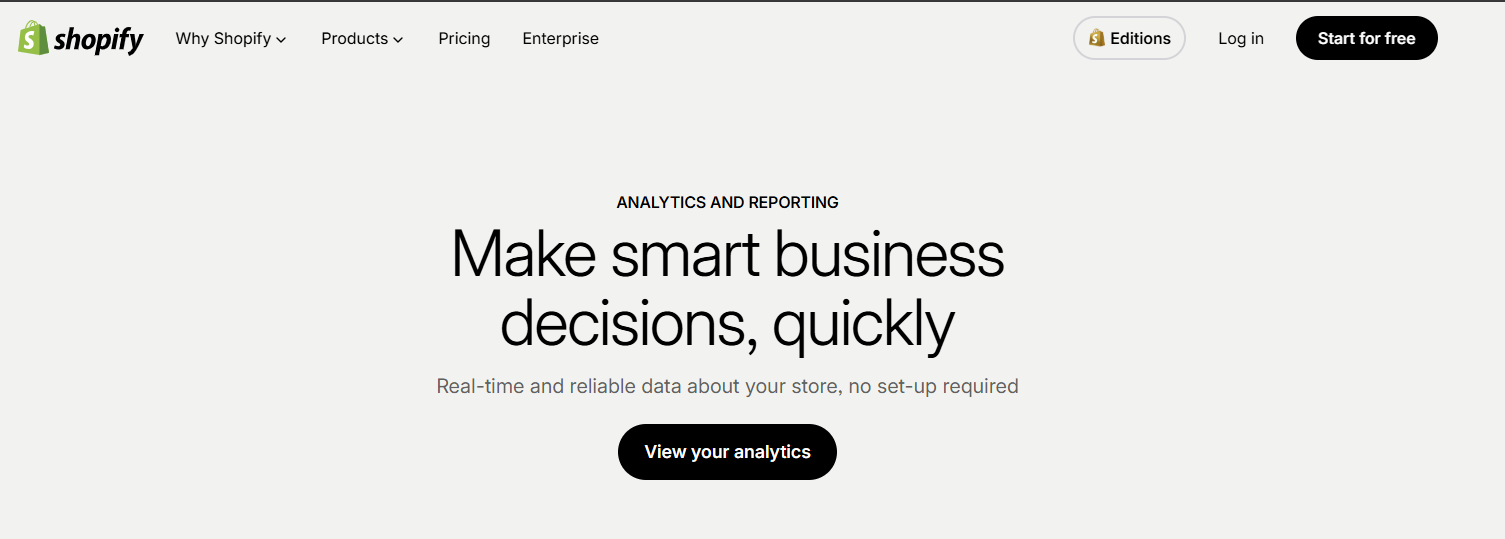 Shopify Analytics reporting dashboard page offering real-time store data with zero setup required