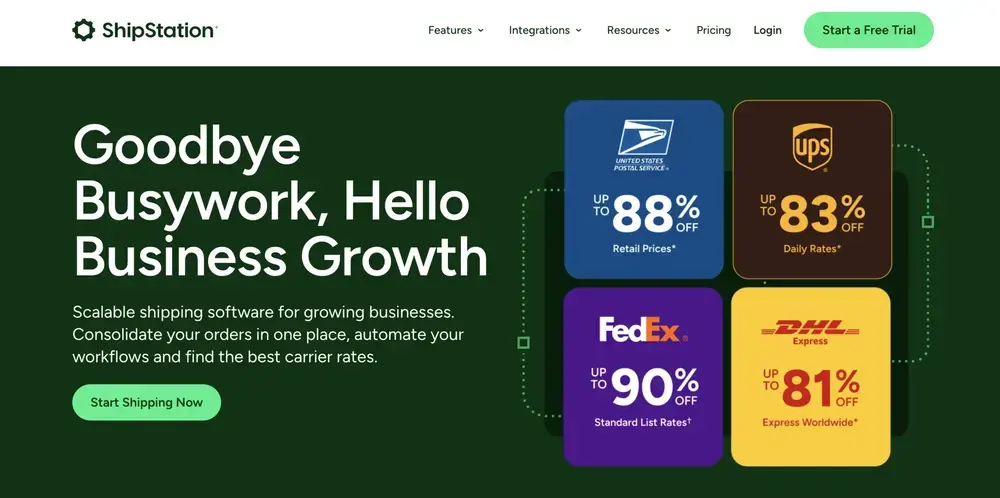 ShipStation multi-carrier shipping software with USPS, UPS, FedEx, and DHL discount rates for ecommerce