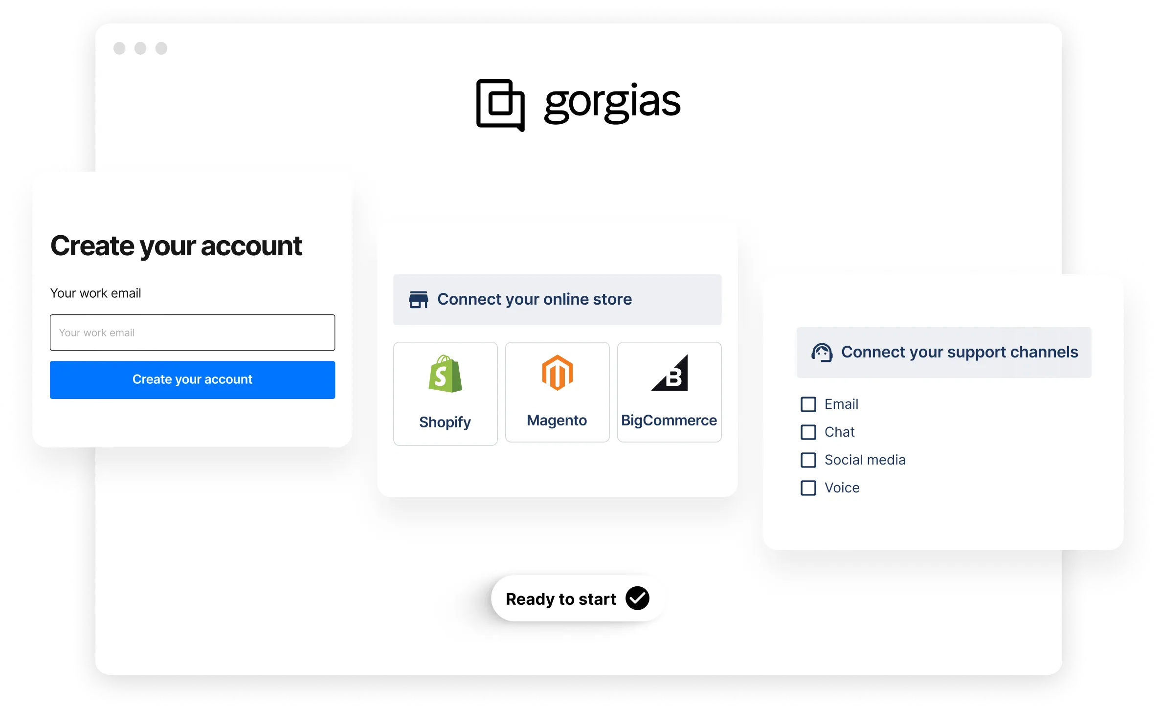 Gorgias ecommerce helpdesk setup connecting Shopify, Magento, and BigCommerce with multi-channel support