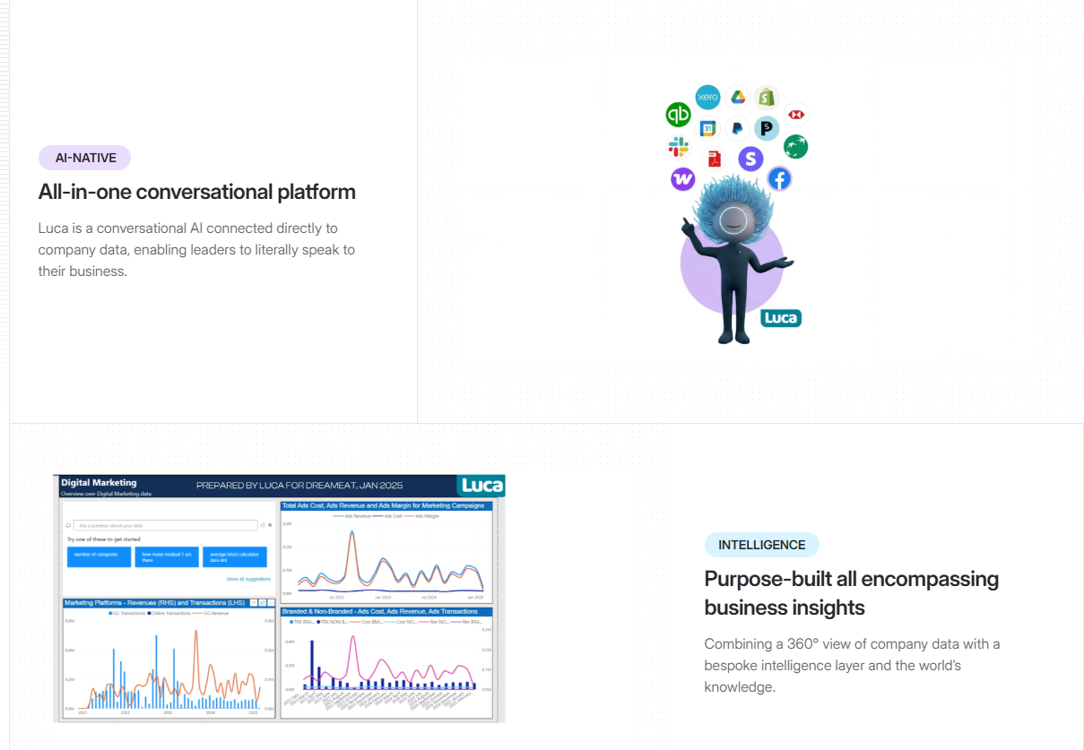 Luca AI conversational analytics with 20+ integrations, digital marketing dashboards, and cross-functional business insights