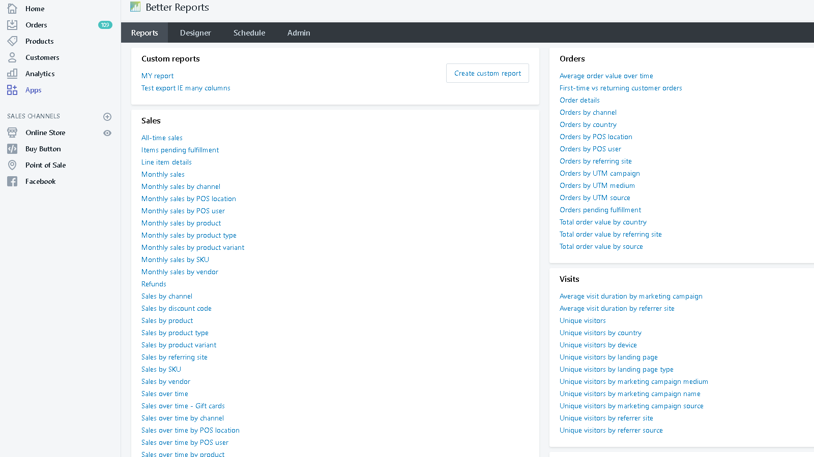 Better Reports Shopify app with 100+ custom report templates for sales, orders, visits, and financial data exports