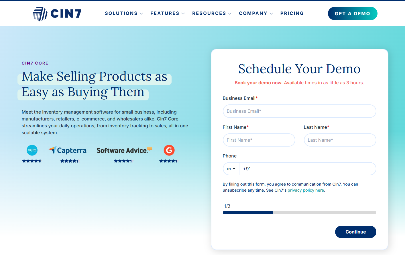 Cin7 Core inventory management for e-commerce with demo scheduling, Xero integration, and G2 five-star rating