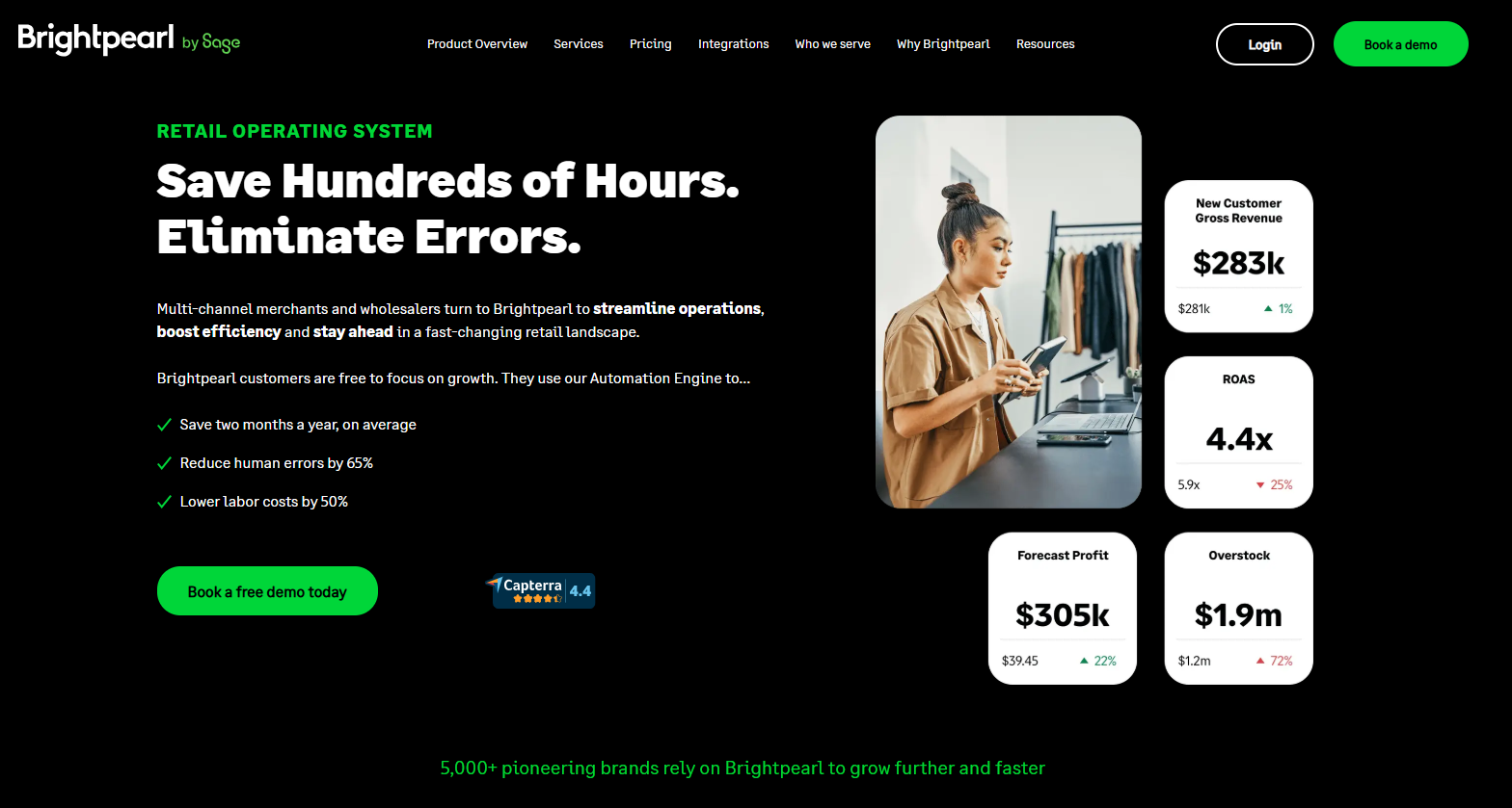 Brightpearl by Sage retail operating system showing ROAS, forecast profit, overstock metrics, and automation benefits