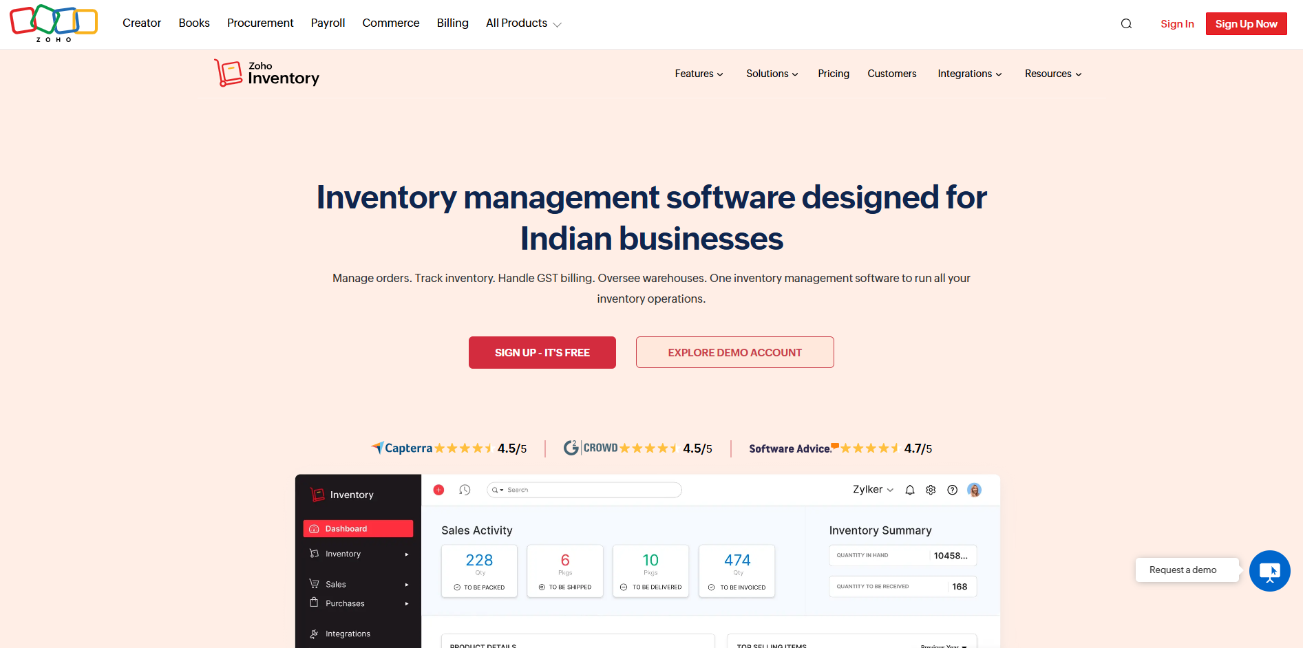 Zoho Inventory management software with sales activity dashboard, GST billing, and warehouse tracking rated 4.5 on G2