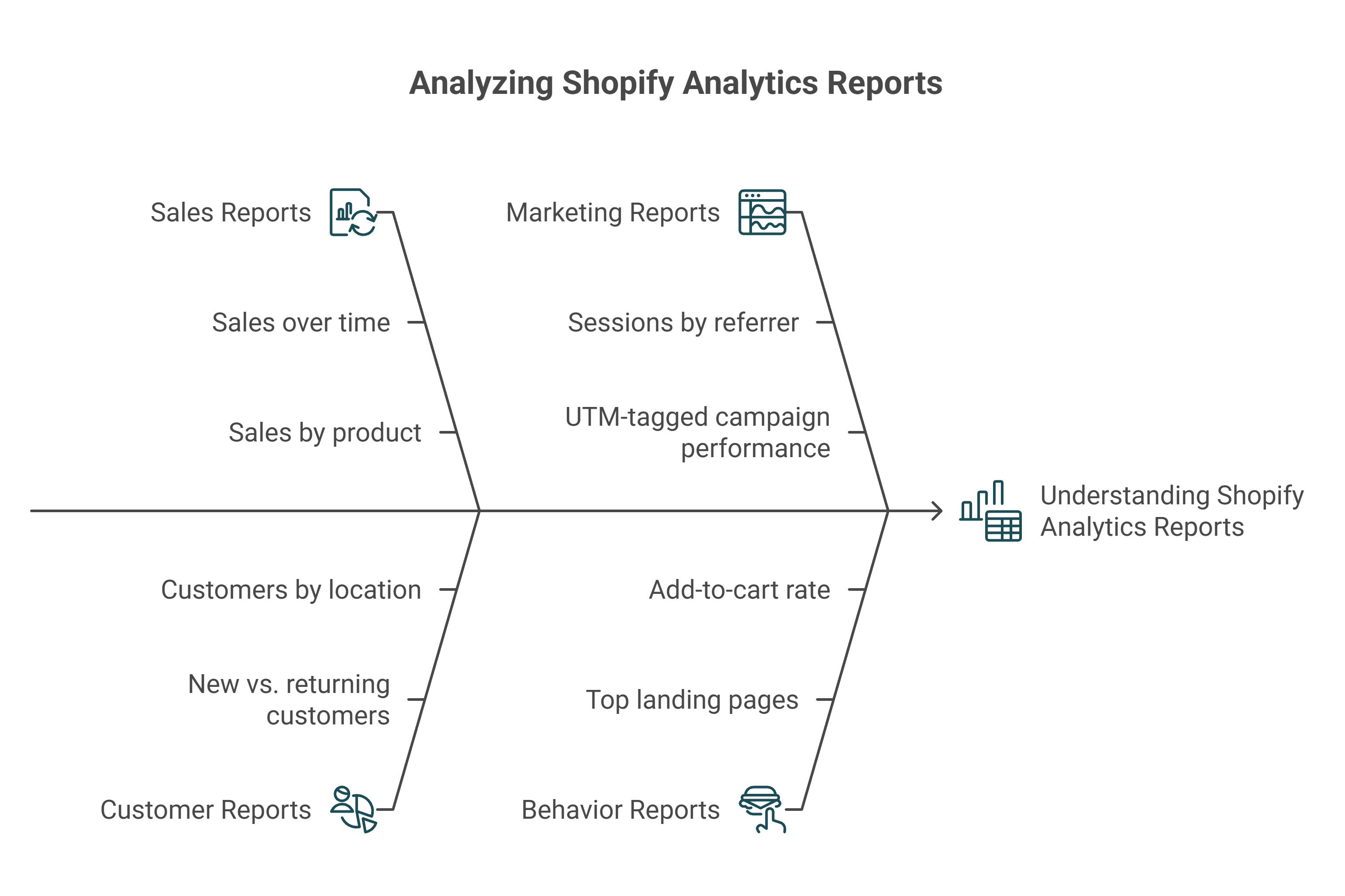 Fishbone diagram mapping Shopify analytics report categories: sales, marketing, customer, and behavior reports with sub-metrics