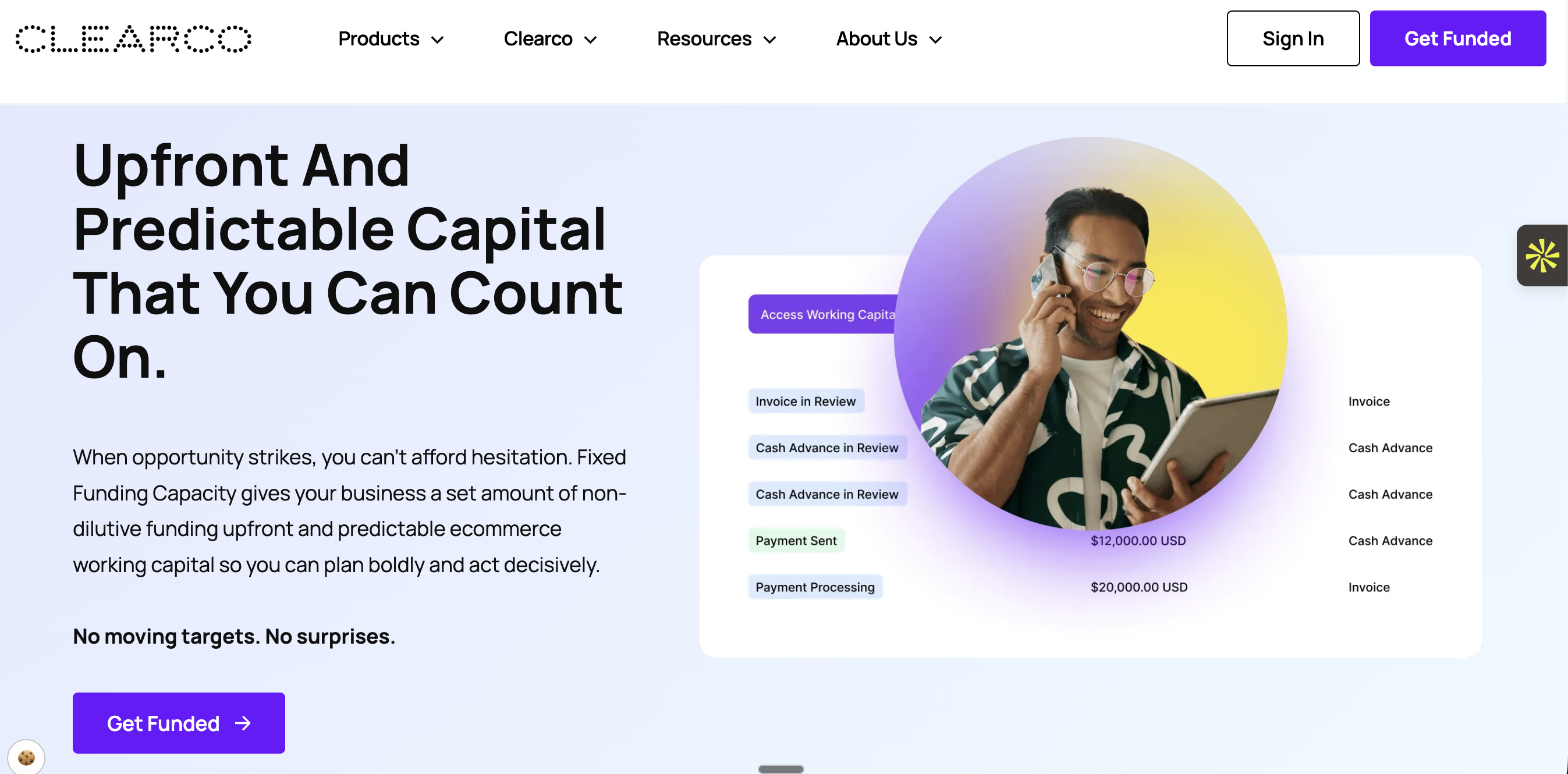 Clearco non-dilutive ecommerce capital dashboard displaying working capital access, invoice tracking, cash advance status, and payment processing activity