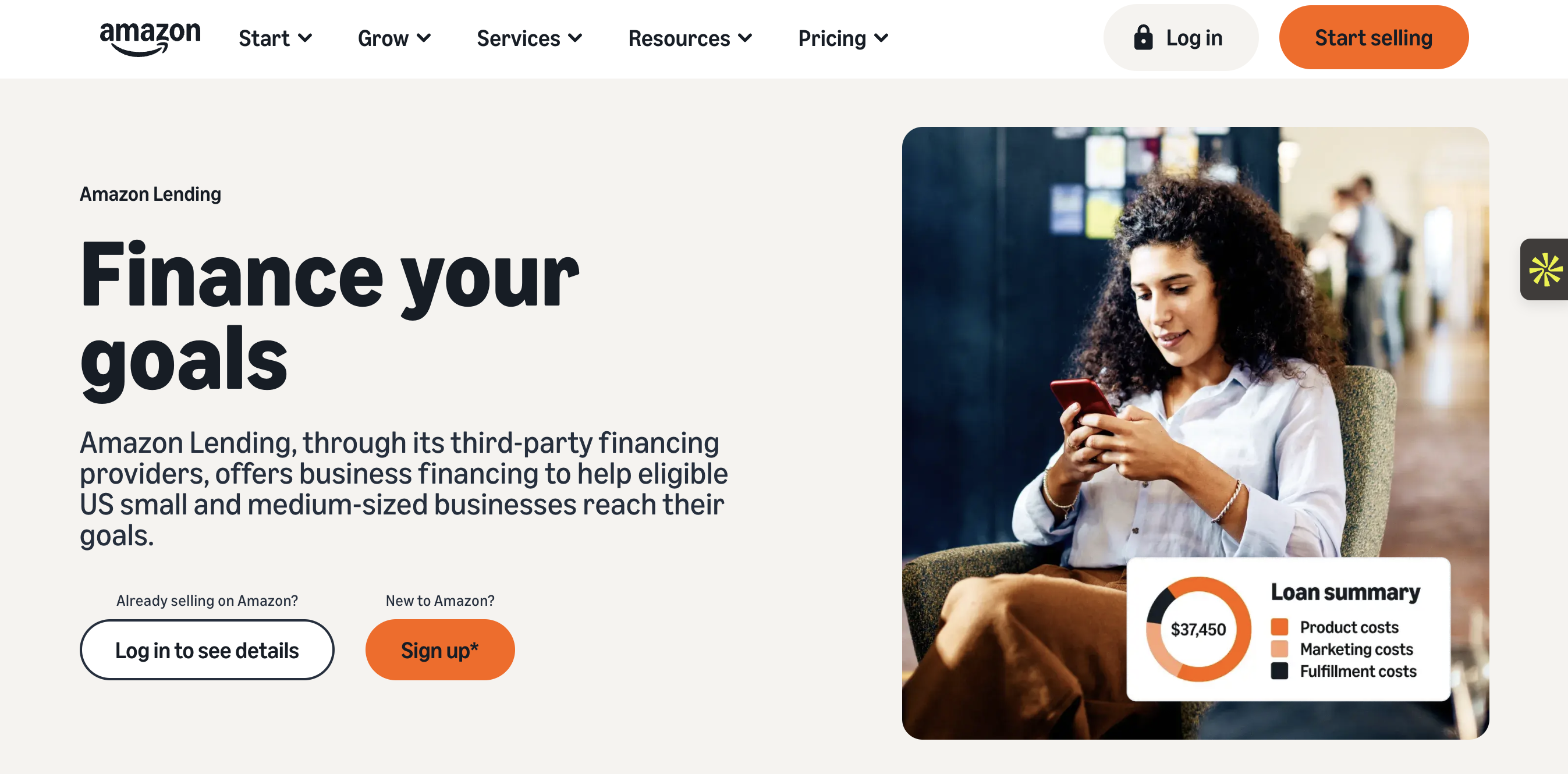 Amazon Lending ecommerce capital dashboard showing loan summary, funding approval status, and cost allocation across product, marketing, and fulfillment expenses