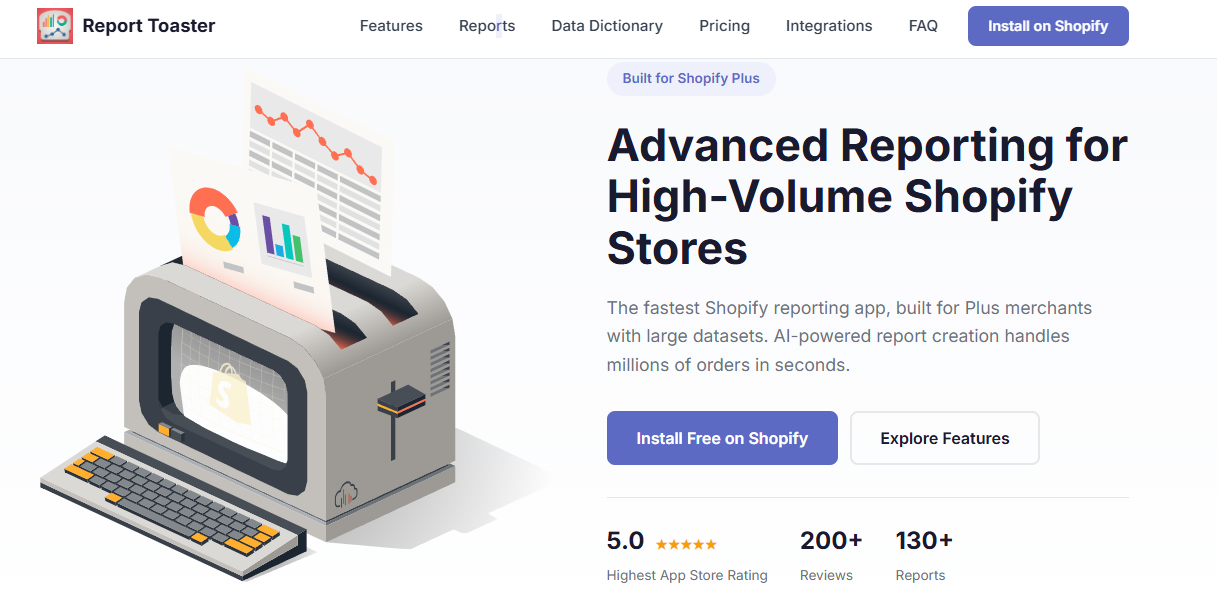 Report Toaster Shopify reporting app homepage showing 5.0 rating and AI-powered advanced reporting for Plus merchants