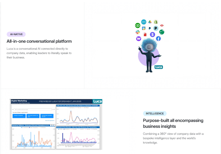 Luca AI conversational ecommerce analytics dashboard unifying marketing, finance, and operations data into one AI workspace.