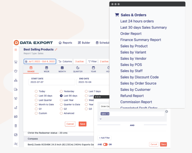 Data Export IO Shopify reporting app builder with scheduled best-selling products report and sales segmentation panel