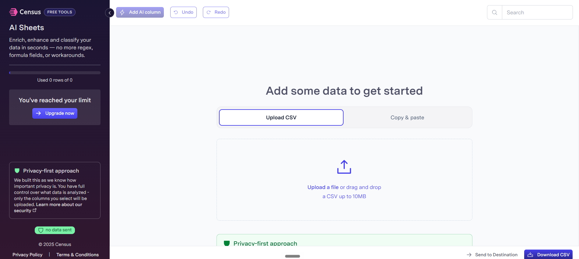  Census AI Sheets reverse ETL interface enriching ecommerce data and syncing CSV files to downstream destinations