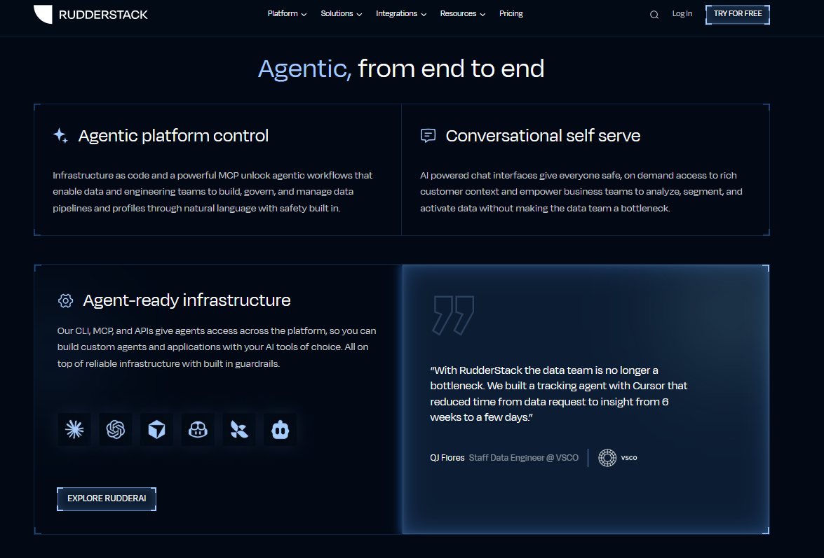 RudderStack agentic data platform enabling reverse ETL pipelines, customer profiles and warehouse-to-app activation