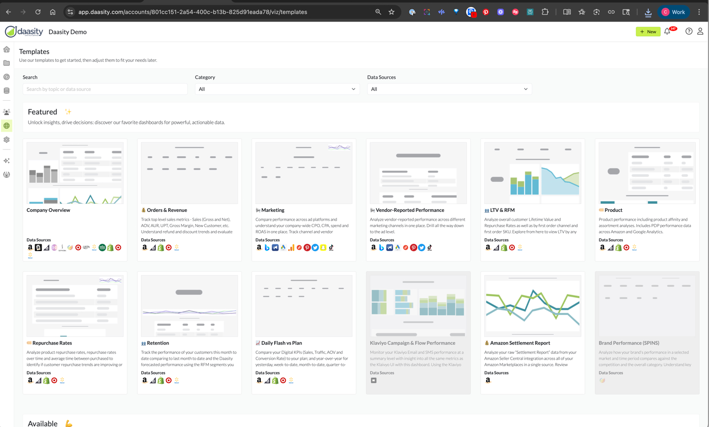  Daasity automated reporting template gallery with prebuilt ecommerce dashboards for revenue, marketing, LTV and retention