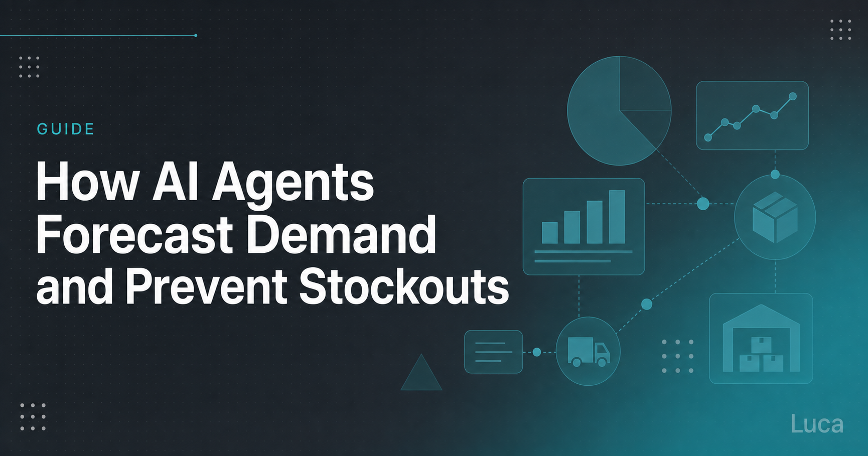 Guide cover for AI demand forecasting in ecommerce, with linked charts, package, and warehouse icons on a dark blue Luca background
