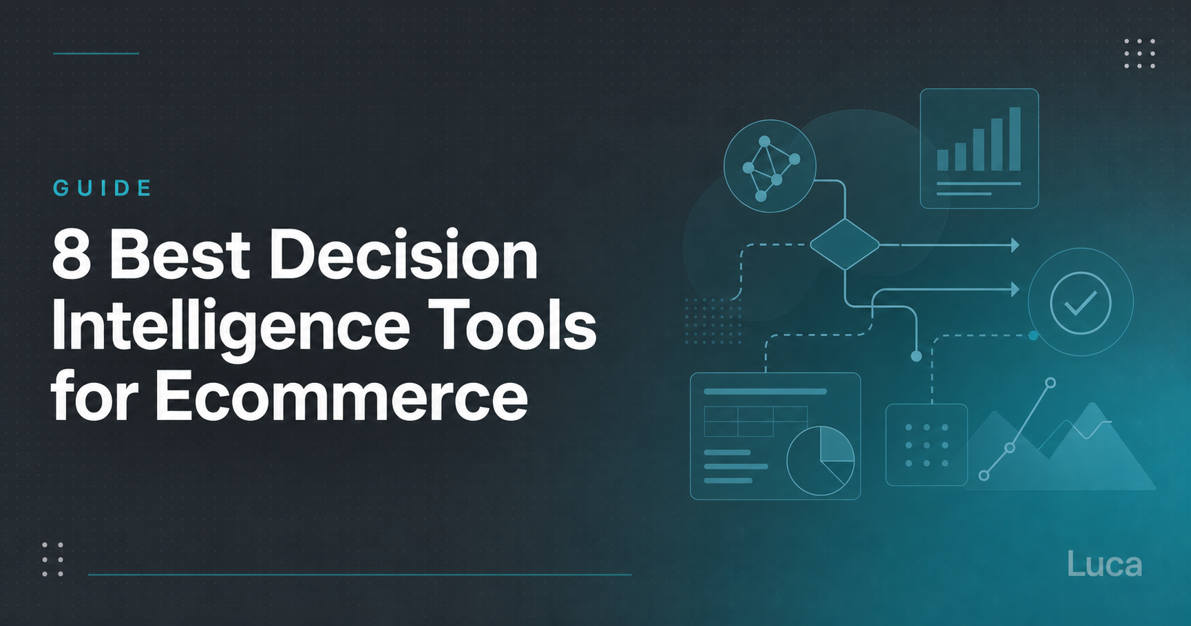 Guide cover graphic titled 8 Best Decision Intelligence Tools for Ecommerce with connected data flow icons and Luca branding
