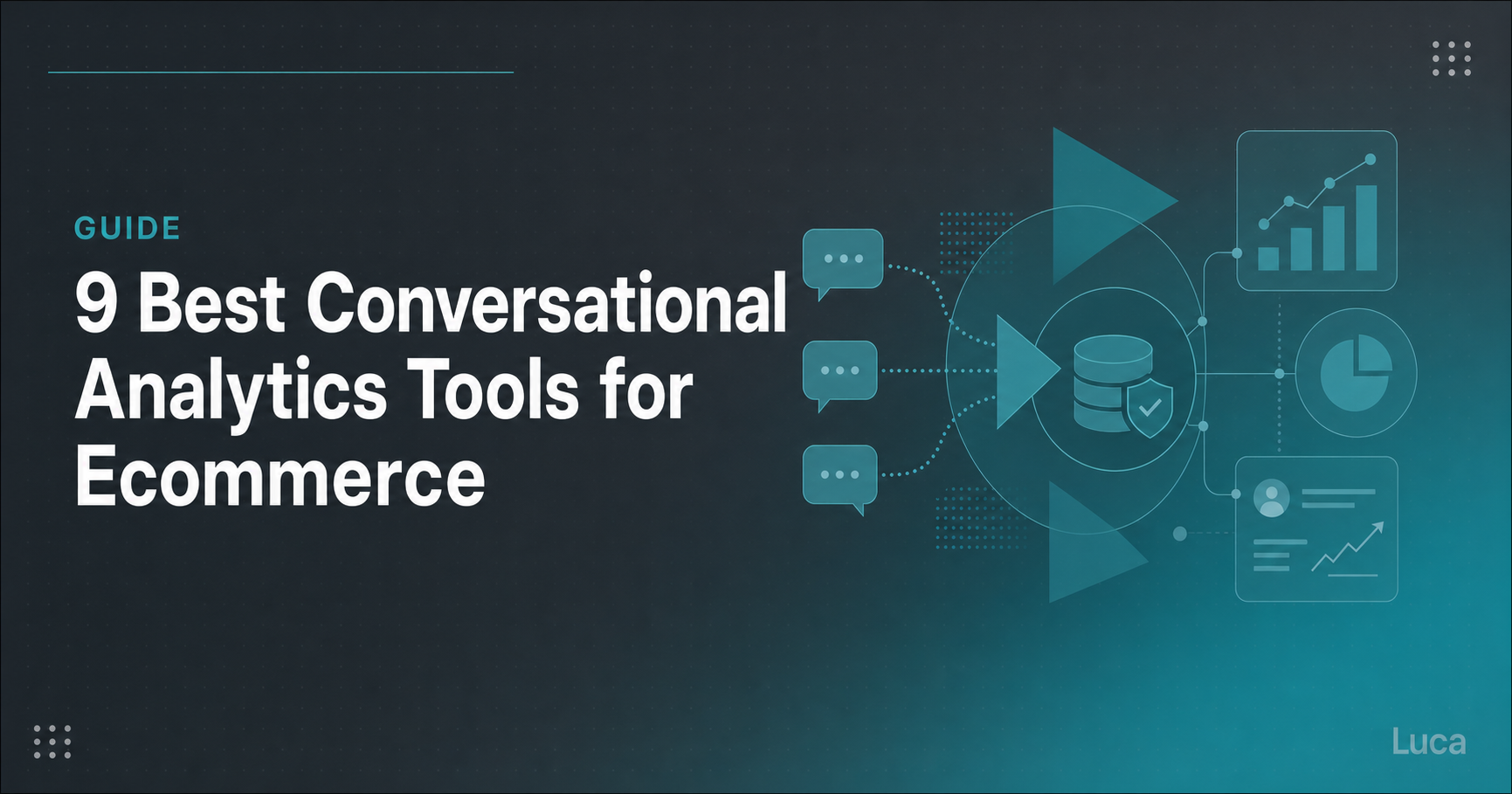 Guide banner titled 9 Best Conversational Analytics Tools for Ecommerce, with chat bubbles feeding charts and a secured database