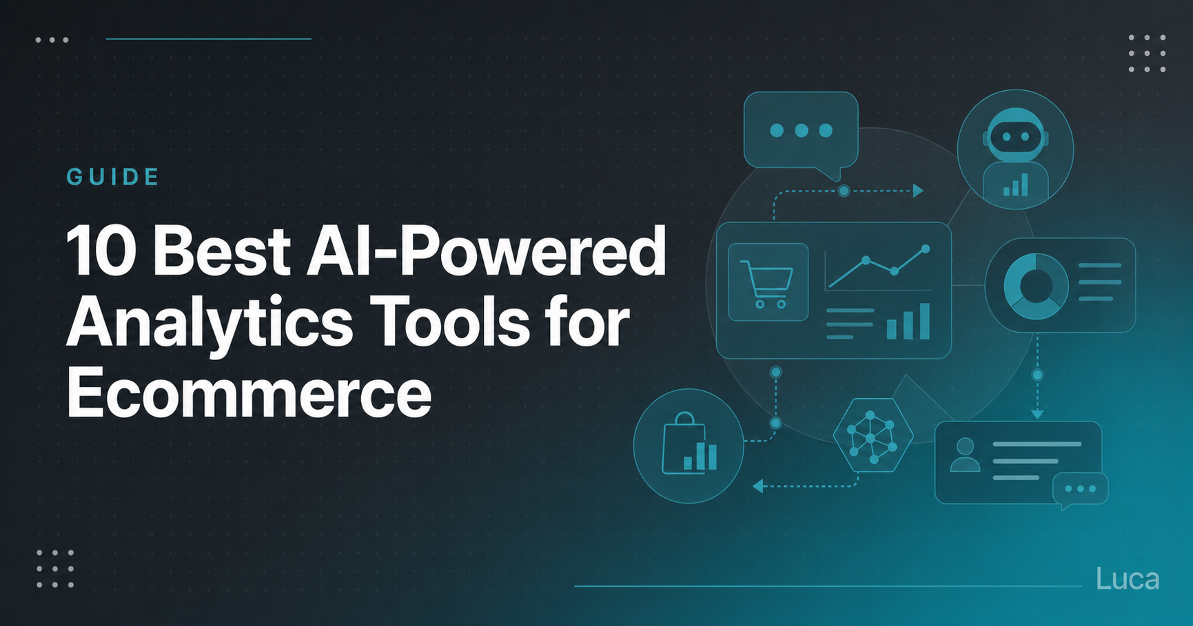 uca guide banner titled 10 Best AI-Powered Analytics Tools for Ecommerce with chat, agent and dashboard icons