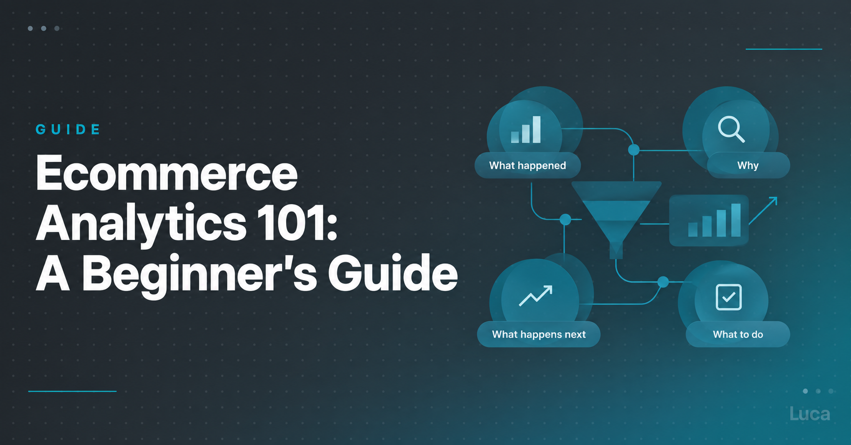 Ecommerce analytics beginner's guide banner showing four analytics types: what happened, why, what happens next, what to do