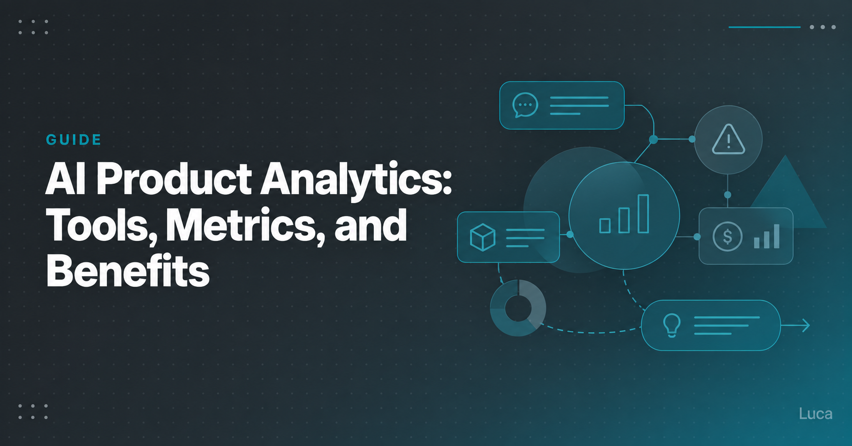 AI product analytics guide banner with a central chart linked to product data, feedback, alerts, revenue, and insights