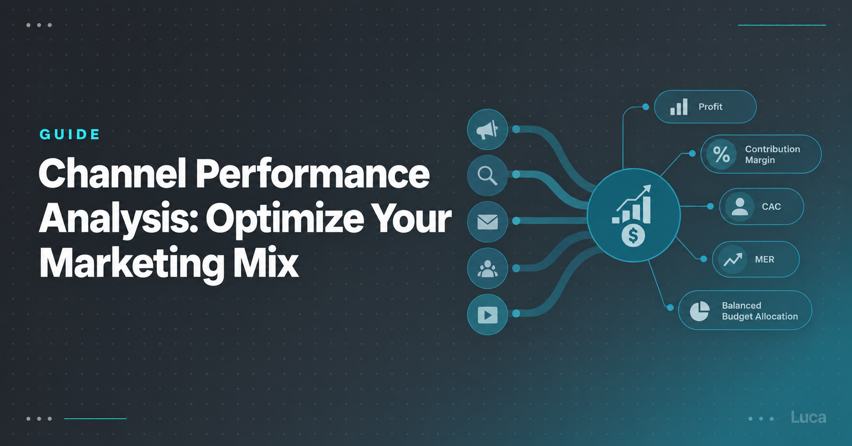 Channel performance analysis diagram linking ads, search, email, social, and video to profit, CAC, MER, and budget metrics