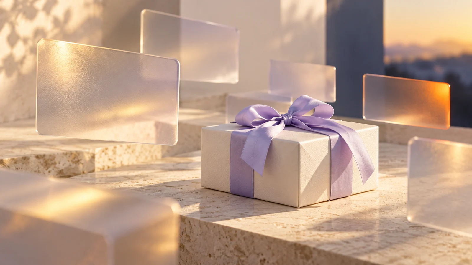 Wrapped gift box surrounded by floating frosted glass cards in warm light, representing AI-guided gift discovery