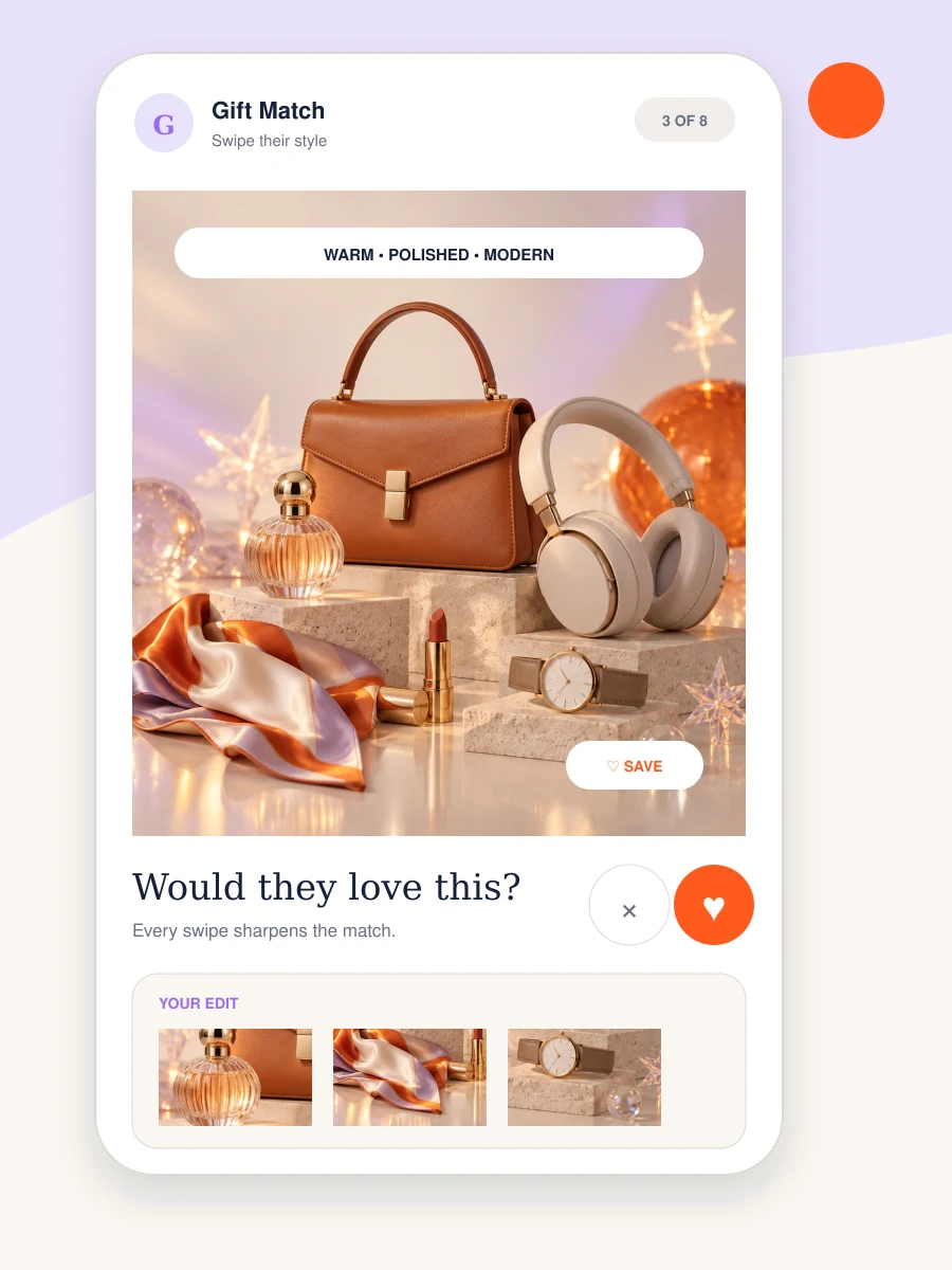 Swipe-based gift discovery screen where a shopper rates a product style to build the recipient's taste profile