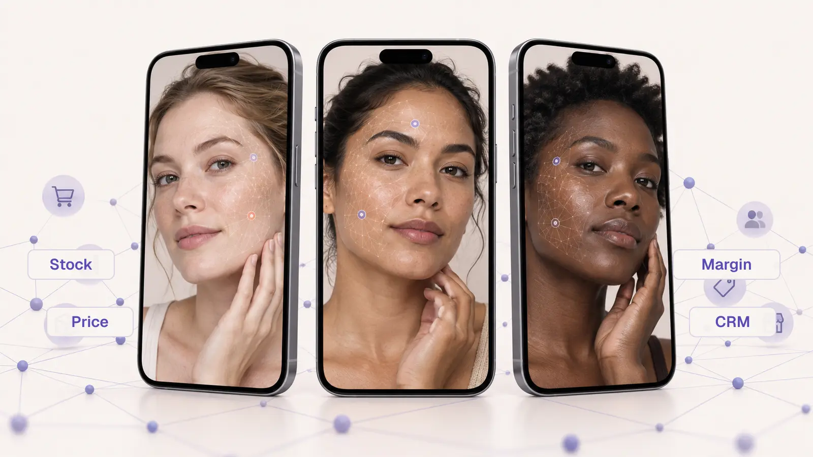Three smartphones running camera-based skin analysis on different skin tones, connected to a layer of catalogue, inventory and customer data