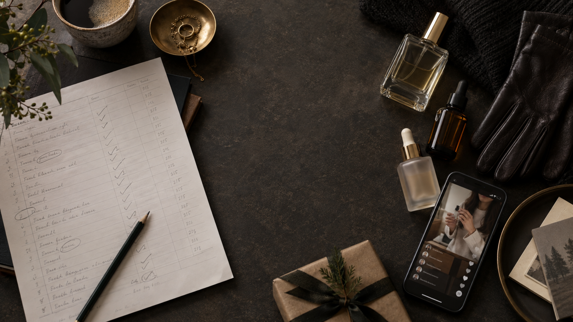 Overhead still life of a pencil-marked shopping spreadsheet beside skincare, perfume and a glove, with a phone showing a live stream