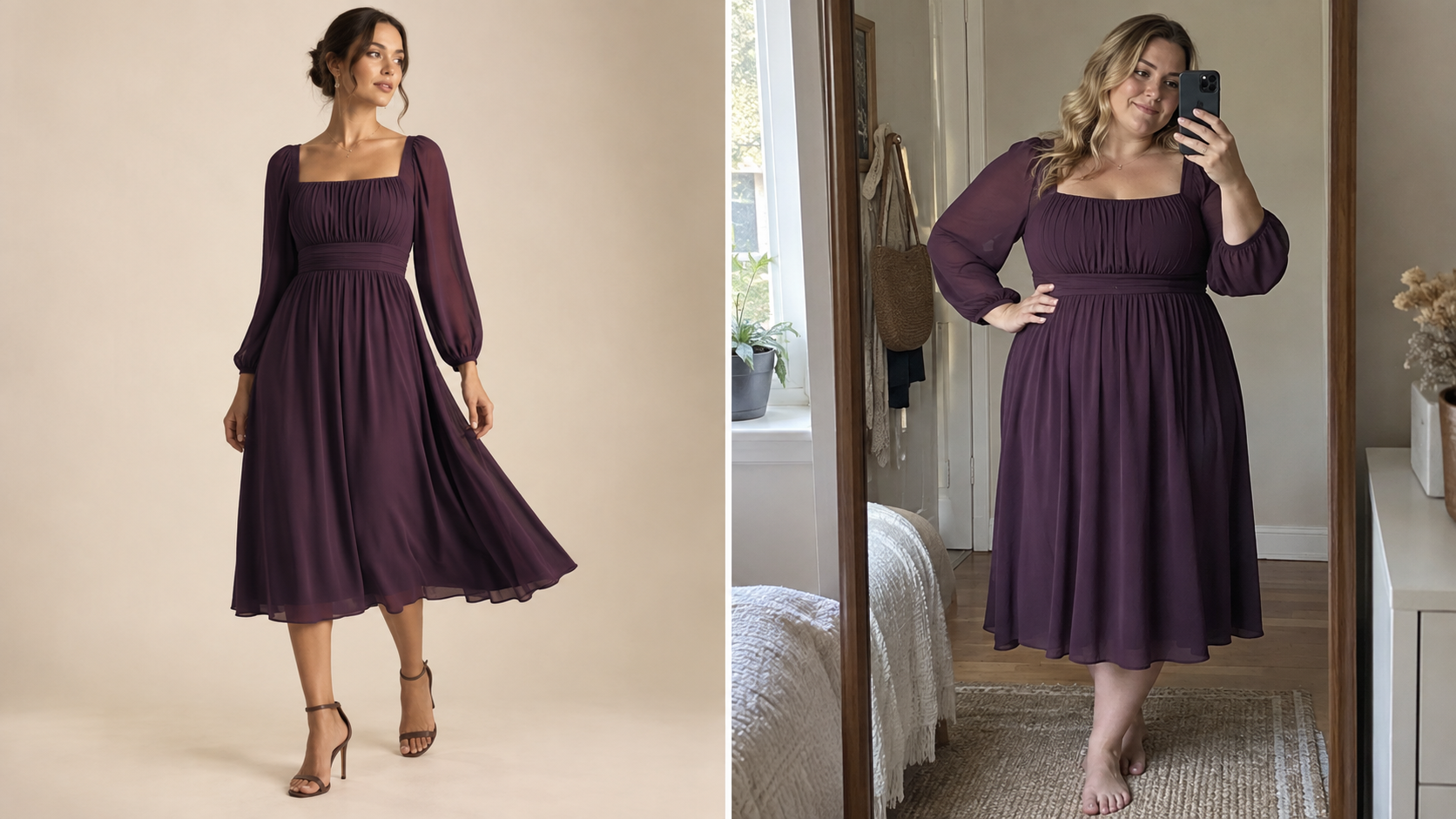 A polished studio fashion shot beside a real customer’s mirror selfie in a similar outfit