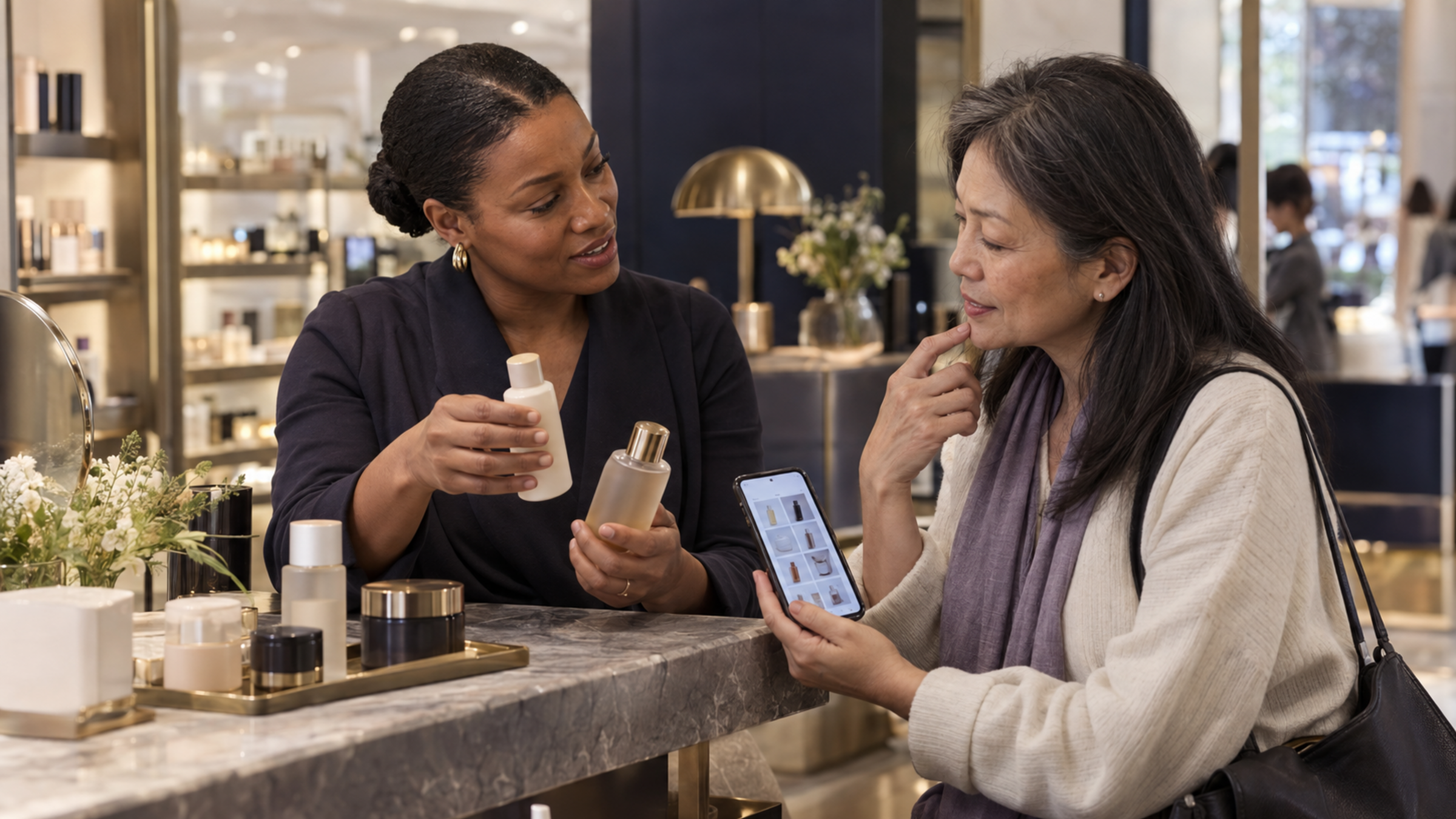 A beauty advisor giving an in-store consultation at a counter while the customer’s saved wishlist shows on her phone